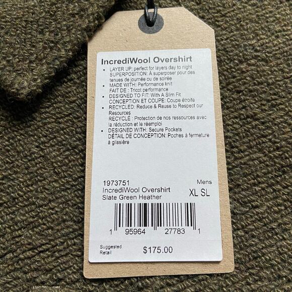 Prana IncrediWool Overshirt Men's XL Slate Green Heather Slim Fit Performance - Picture 6 of 9